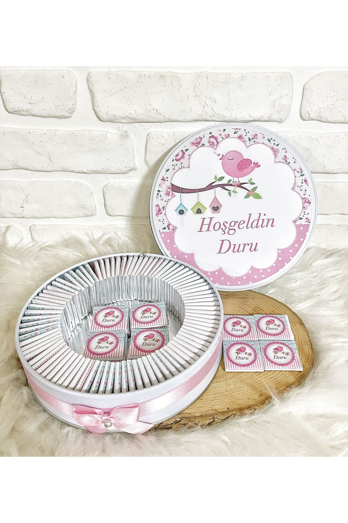 100 Adet Pembe Kuş Model İsme Özel Kız Bebek Hoşgeldin Hediyelik Çikolata
