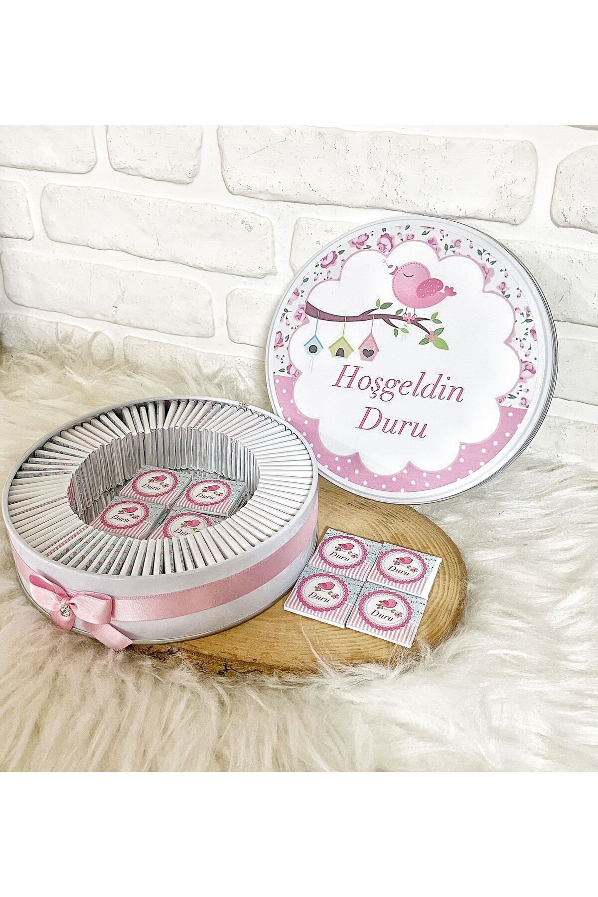 100 Adet Pembe Kuş Model İsme Özel Kız Bebek Hoşgeldin Hediyelik Çikolata - Görsel 2