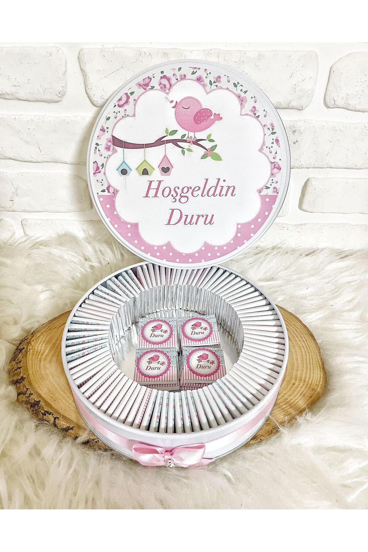 100 Adet Pembe Kuş Model İsme Özel Kız Bebek Hoşgeldin Hediyelik Çikolata - Görsel 3