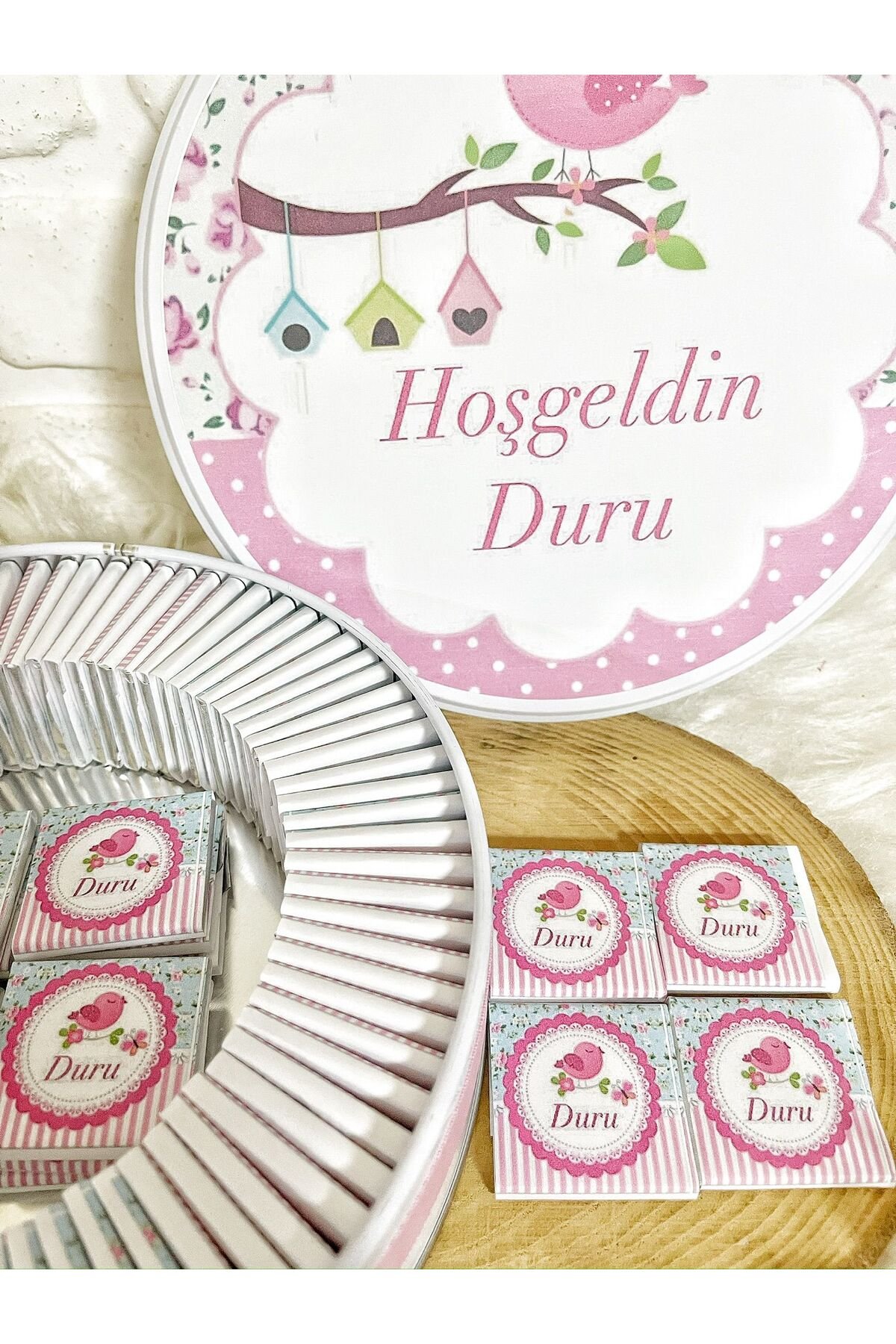 100 Adet Pembe Kuş Model İsme Özel Kız Bebek Hoşgeldin Hediyelik Çikolata - Görsel 4