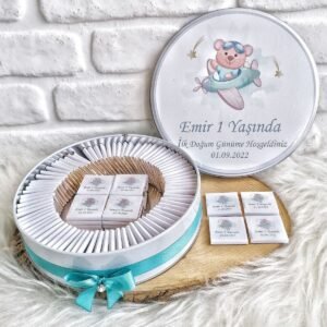 80 Adet+200 Gr Draje Uçaklı Ayıcık İsme Özel Erkek Bebek Hoşgeldin Doğumgünü Hediyelik Çikolata