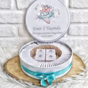 80 Adet+200 Gr Draje Uçaklı Ayıcık İsme Özel Erkek Bebek Hoşgeldin Doğumgünü Hediyelik Çikolata