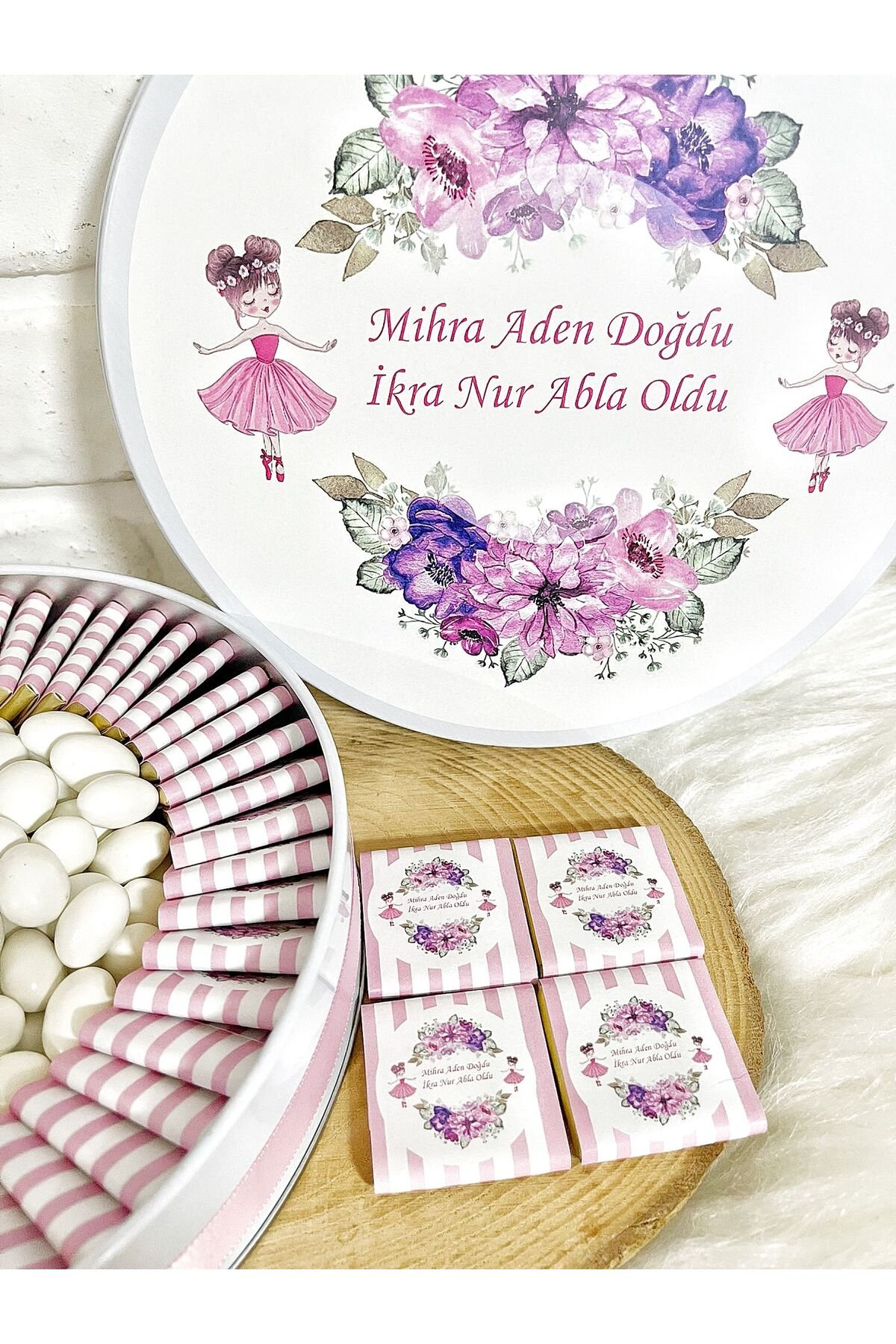 80 Adet+200 Gr Draje Kız Kardeş Temalı İsme Özel Kız Bebek Hoşgeldin Mevlüt Hediyelik Çikolata - Görsel 4