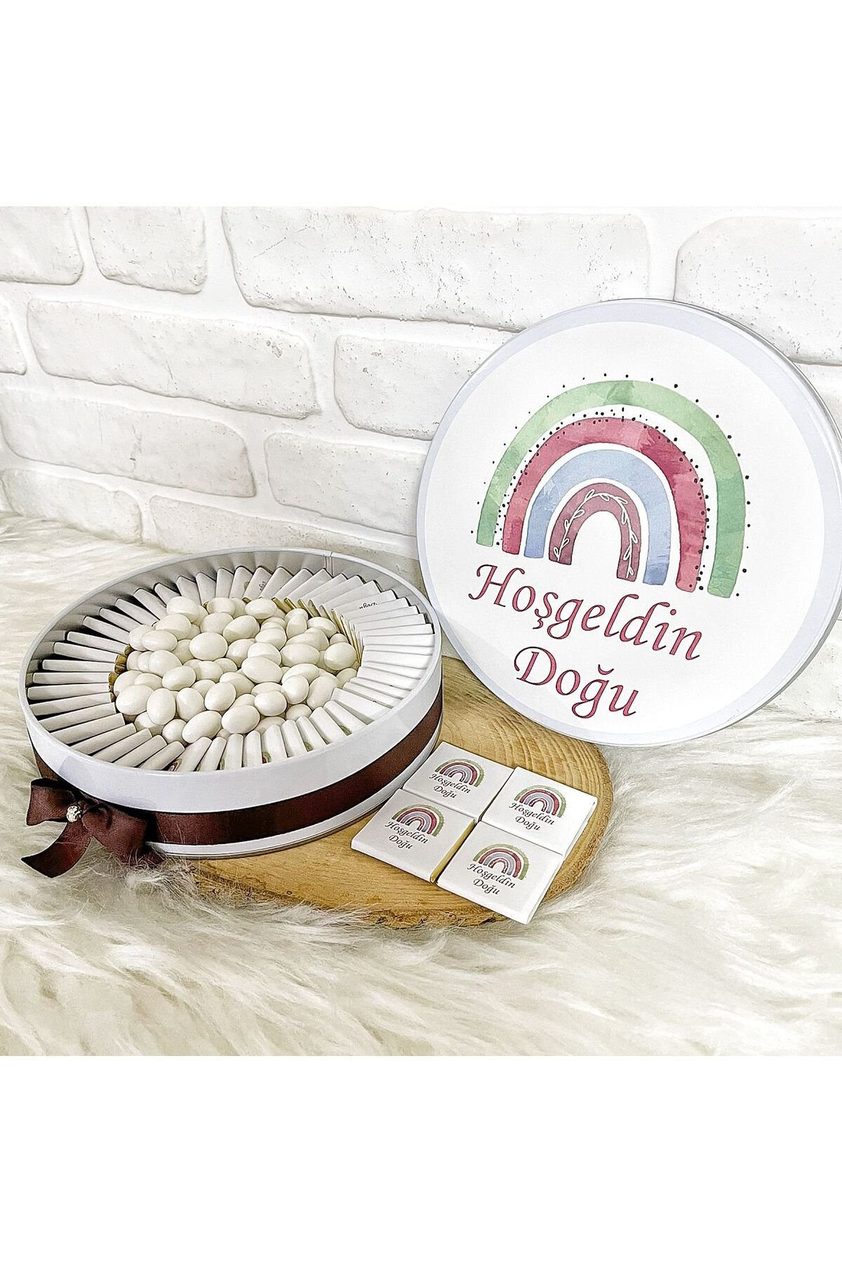 100 Adet+200 Gr Draje Yeşil Gökkuşağı İsme Özel Erkek Bebek Hoşgeldin Doğumgünü Hediyelik Çikolata