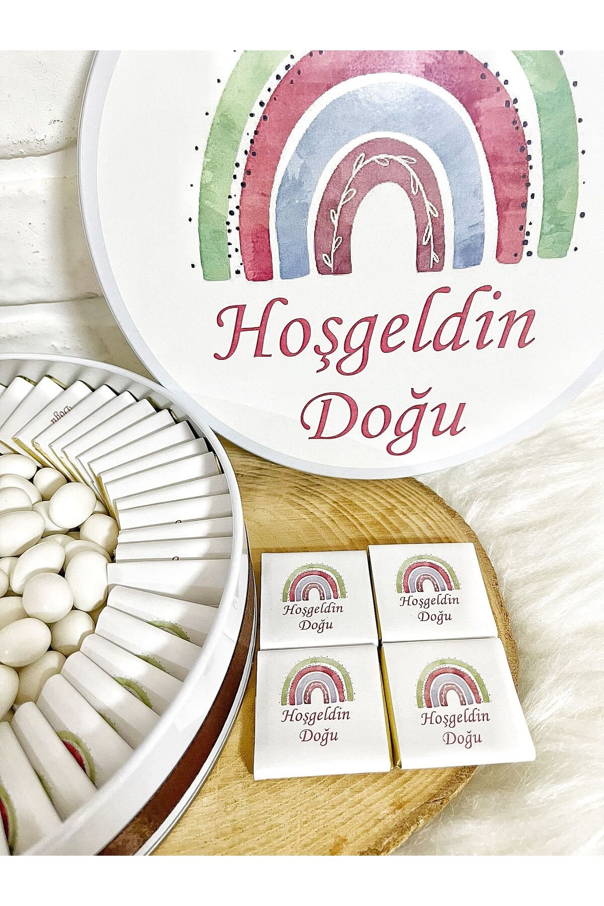 100 Adet+200 Gr Draje Yeşil Gökkuşağı İsme Özel Erkek Bebek Hoşgeldin Doğumgünü Hediyelik Çikolata - Görsel 3