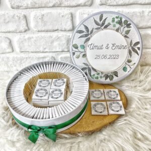 80 Adet Yeşil Yaprak Temalı İsme Özel Nikah-Nişan-Söz Hatırası Hediyelik Çikolata