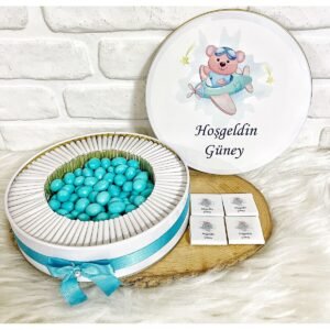 80 Adet+200 Gr Draje Uçaklı Ayıcık İsme Özel Erkek Bebek Hoşgeldin Doğumgünü Hediyelik Çikolata
