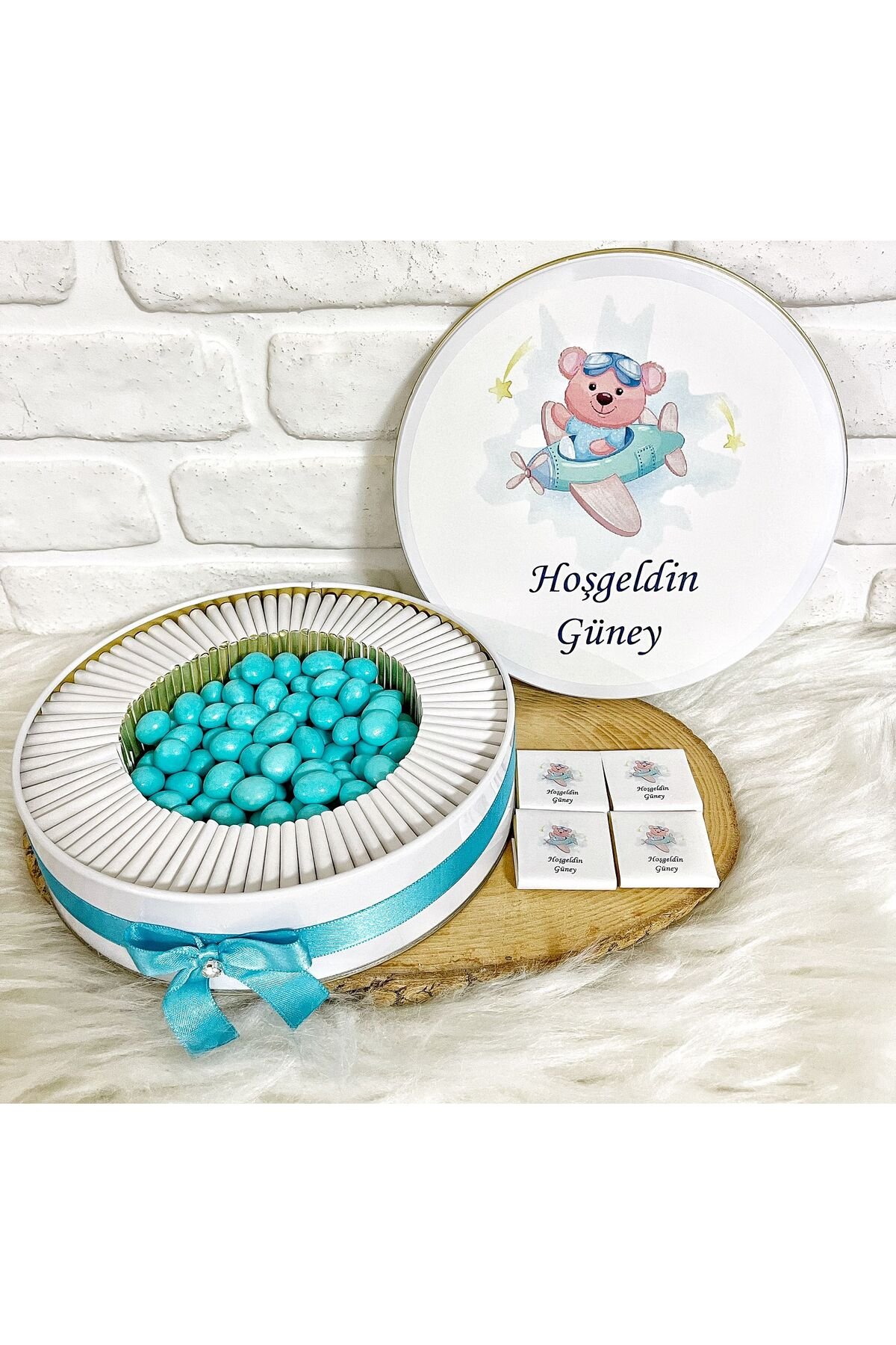 100 Adet+200 Gr Draje Uçaklı Ayıcık İsme Özel Erkek Bebek Hoşgeldin Doğumgünü Hediyelik Çikolata