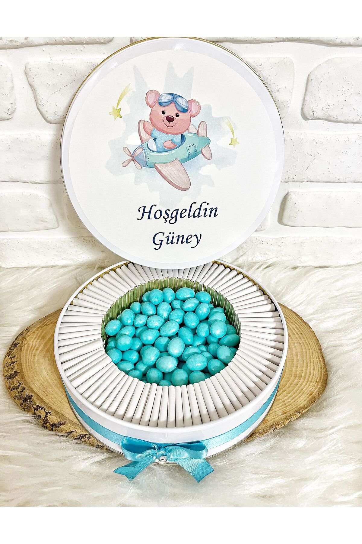 100 Adet+200 Gr Draje Uçaklı Ayıcık İsme Özel Erkek Bebek Hoşgeldin Doğumgünü Hediyelik Çikolata - Görsel 2