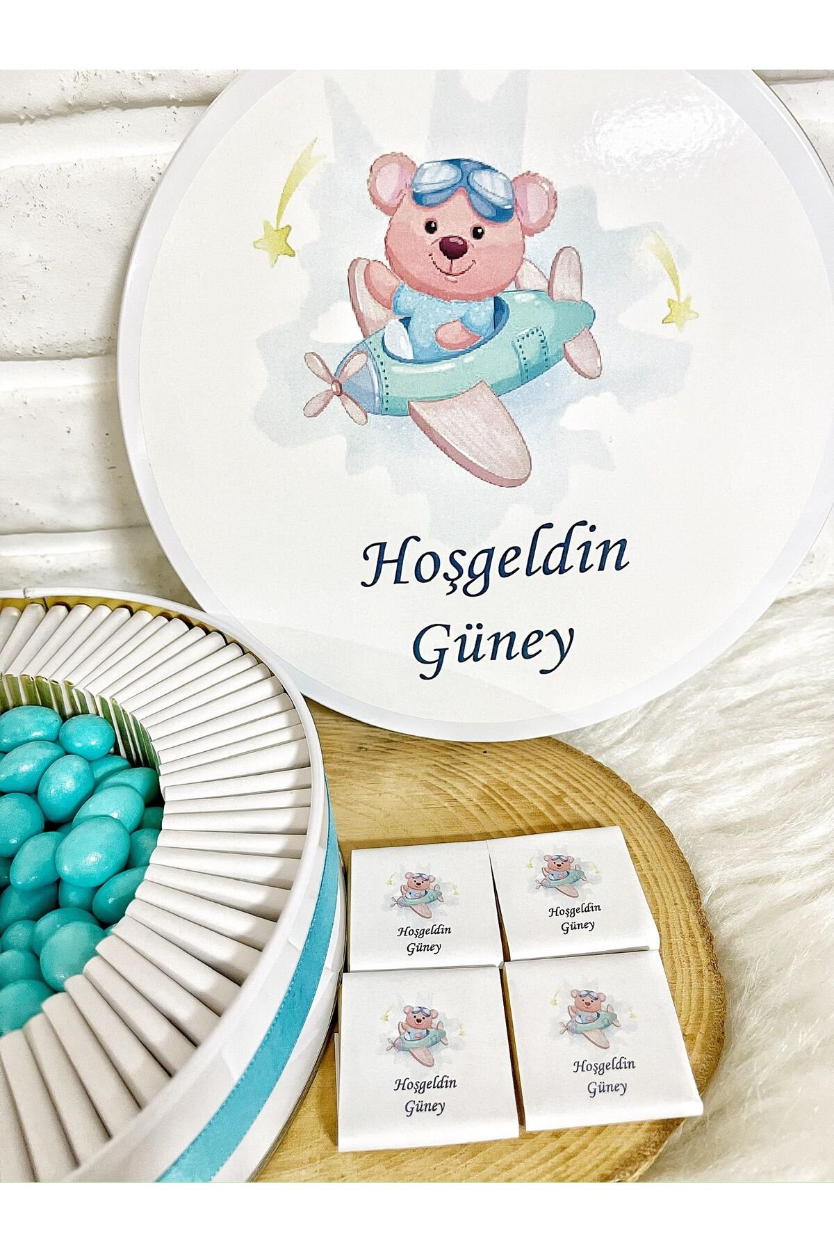 100 Adet+200 Gr Draje Uçaklı Ayıcık İsme Özel Erkek Bebek Hoşgeldin Doğumgünü Hediyelik Çikolata - Görsel 3