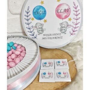 80 Adet+200 Gr Draje İkiz Bebek Temalı İsme Özel Kız-Erkek Bebek Hoşgeldin Hediyelik Çikolata