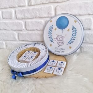 100 Adet Saks Mavi Balon Tutan Ayıcık Temalı İsme Özel Hoşgeldin Erkek Bebek Hediyelik Çikolata