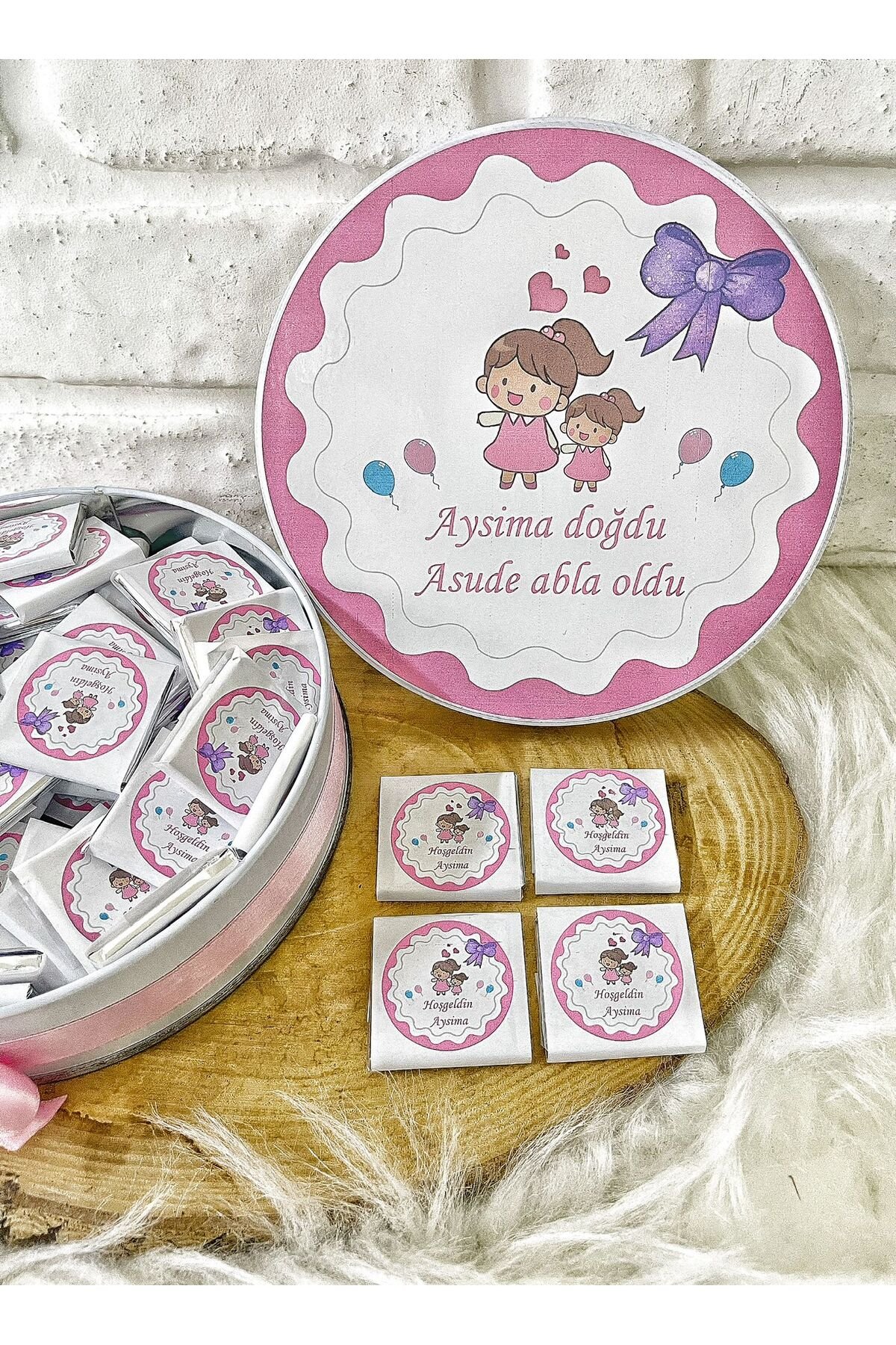 100 Adet Abla-Kardeş Temalı İsme Özel Hoşgeldin Kız Bebek Hediyelik Çikolata - Görsel 4