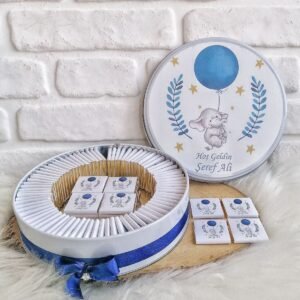 100 Adet Saks Mavi Balon Tutan Ayıcık Temalı İsme Özel Hoşgeldin Erkek Bebek Hediyelik Çikolata
