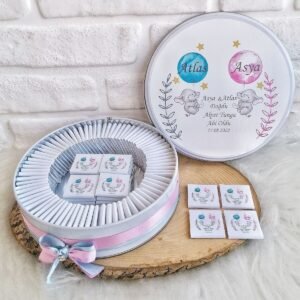 100 Adet İkiz Bebek Temalı İsme Özel Kız-Erkek Bebek Hoşgeldin Hediyelik Çikolata