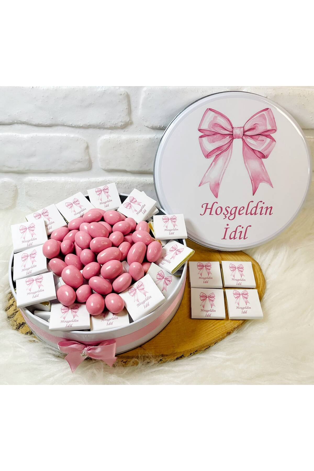200 Adet+200 Gr Drajeli Pembe Kurdeleli Model 1 İsme Özel Hoşgeldin Kız Bebek Hediyelik Çikolata - Görsel 2