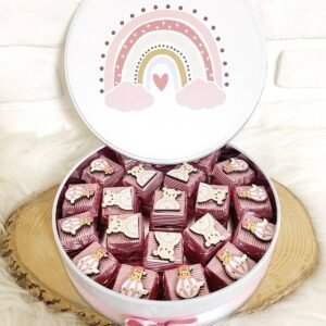 Pembe Gökkuşağı Metal Kutuda Dekorlu Kalın Madlen Hoşgeldin Kız Bebek Hediyelik Çikolata Kutusu