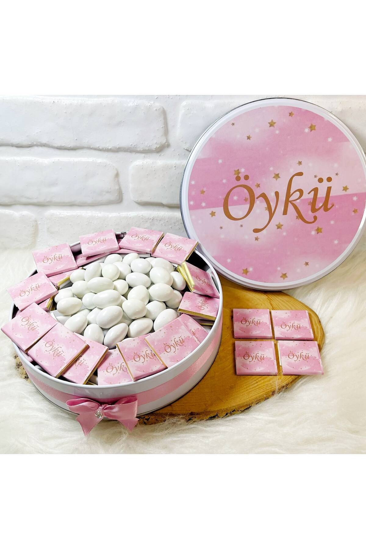 80 Adet+200 Gr Drajeli Pembe Gold Yıldızlı İsme Özel Hoşgeldin Kız Bebek Hediyelik Çikolata - Görsel 2
