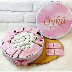 50 Adet+200 Gr Drajeli Pembe Gold Yıldızlı İsme Özel Hoşgeldin Kız Bebek Hediyelik Çikolata
