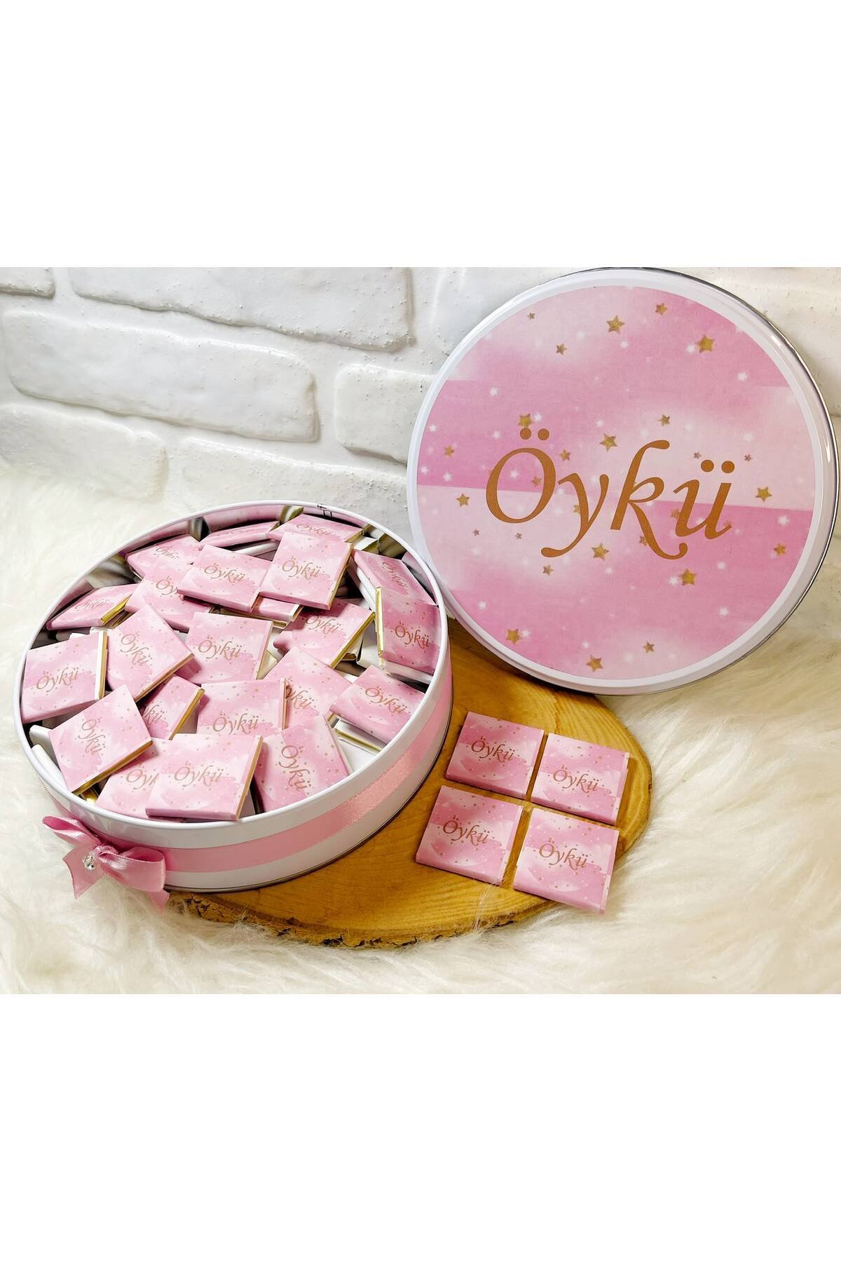 80 Adet Pembe Gold Yıldızlı İsme Özel Hoşgeldin Kız Bebek Hediyelik Çikolata - Görsel 2