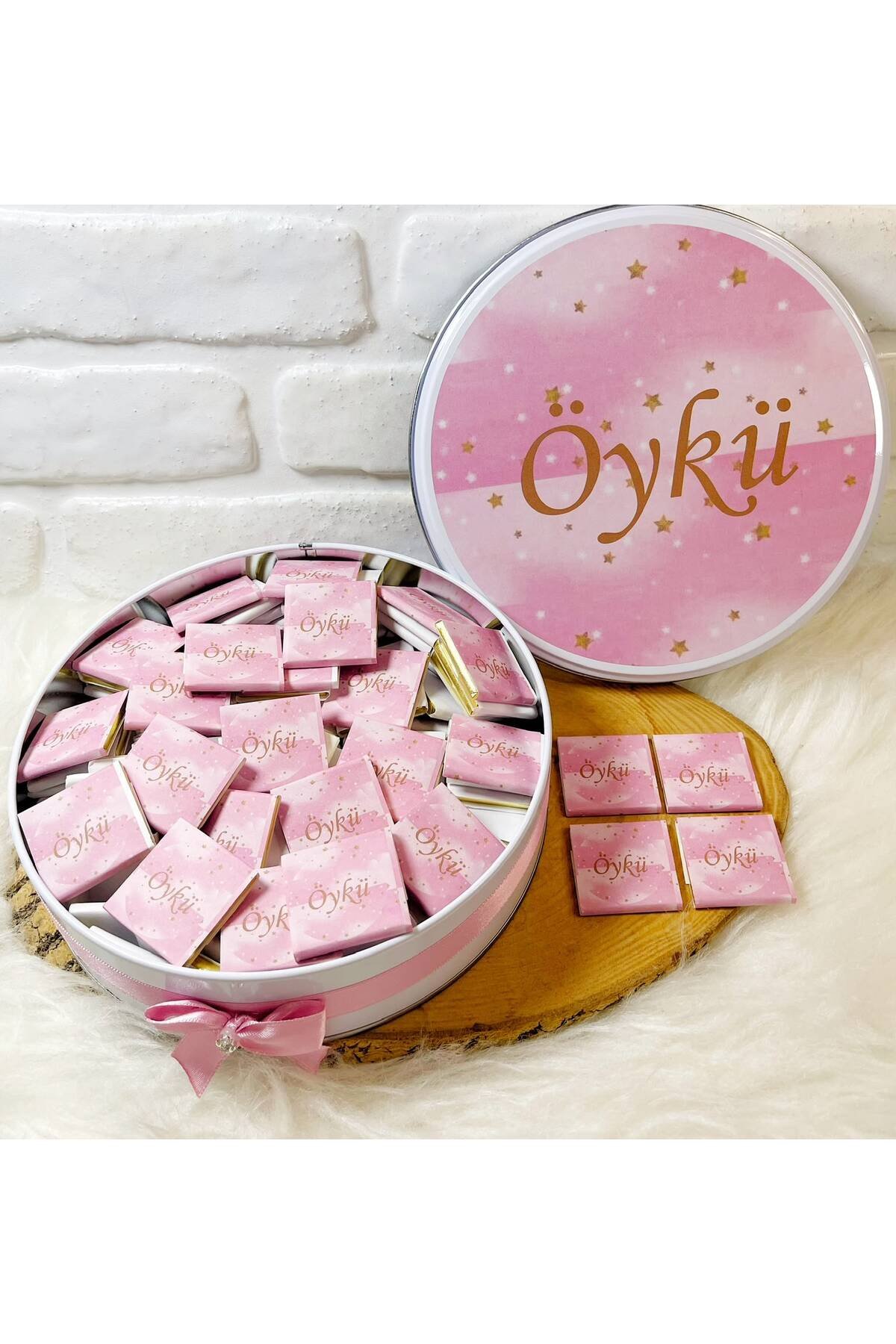 100 Adet Pembe Gold Yıldızlı İsme Özel Hoşgeldin Kız Bebek Hediyelik Çikolata
