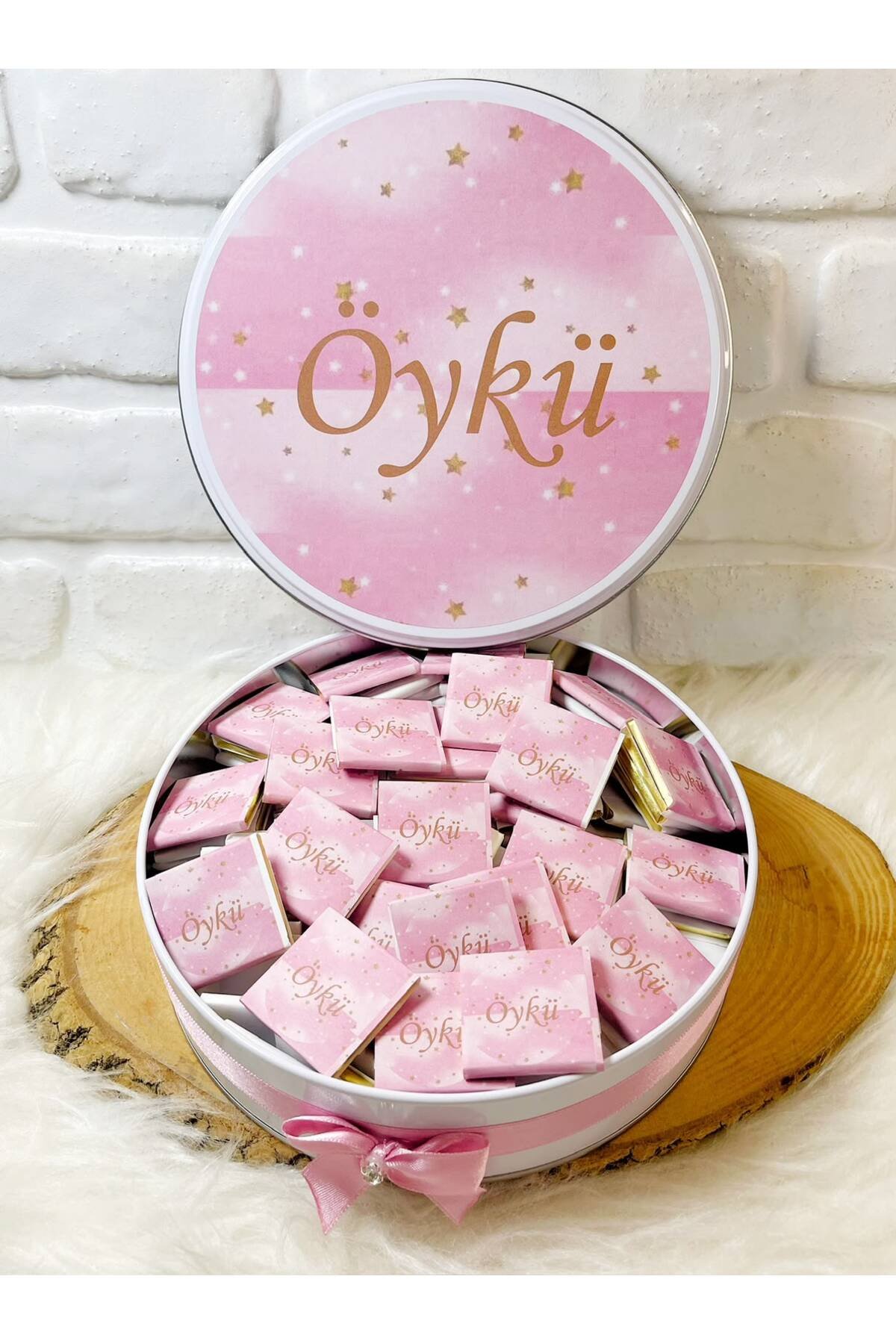 100 Adet Pembe Gold Yıldızlı İsme Özel Hoşgeldin Kız Bebek Hediyelik Çikolata - Görsel 4