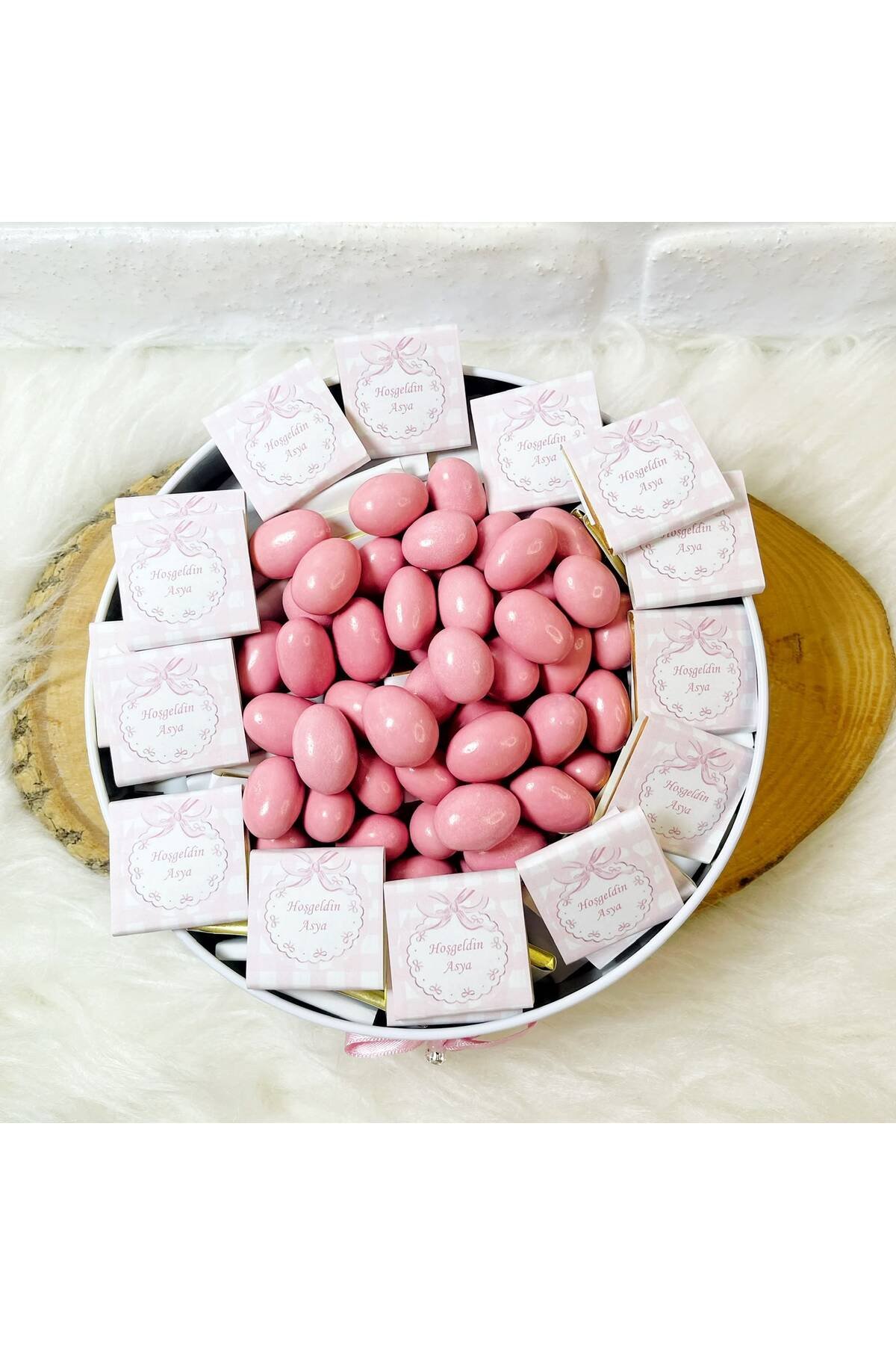80 Adet+200 Gr Drajeli Pembe Kurdeleli Model 2 İsme Özel Hoşgeldin Kız Bebek Hediyelik Çikolata - Görsel 6