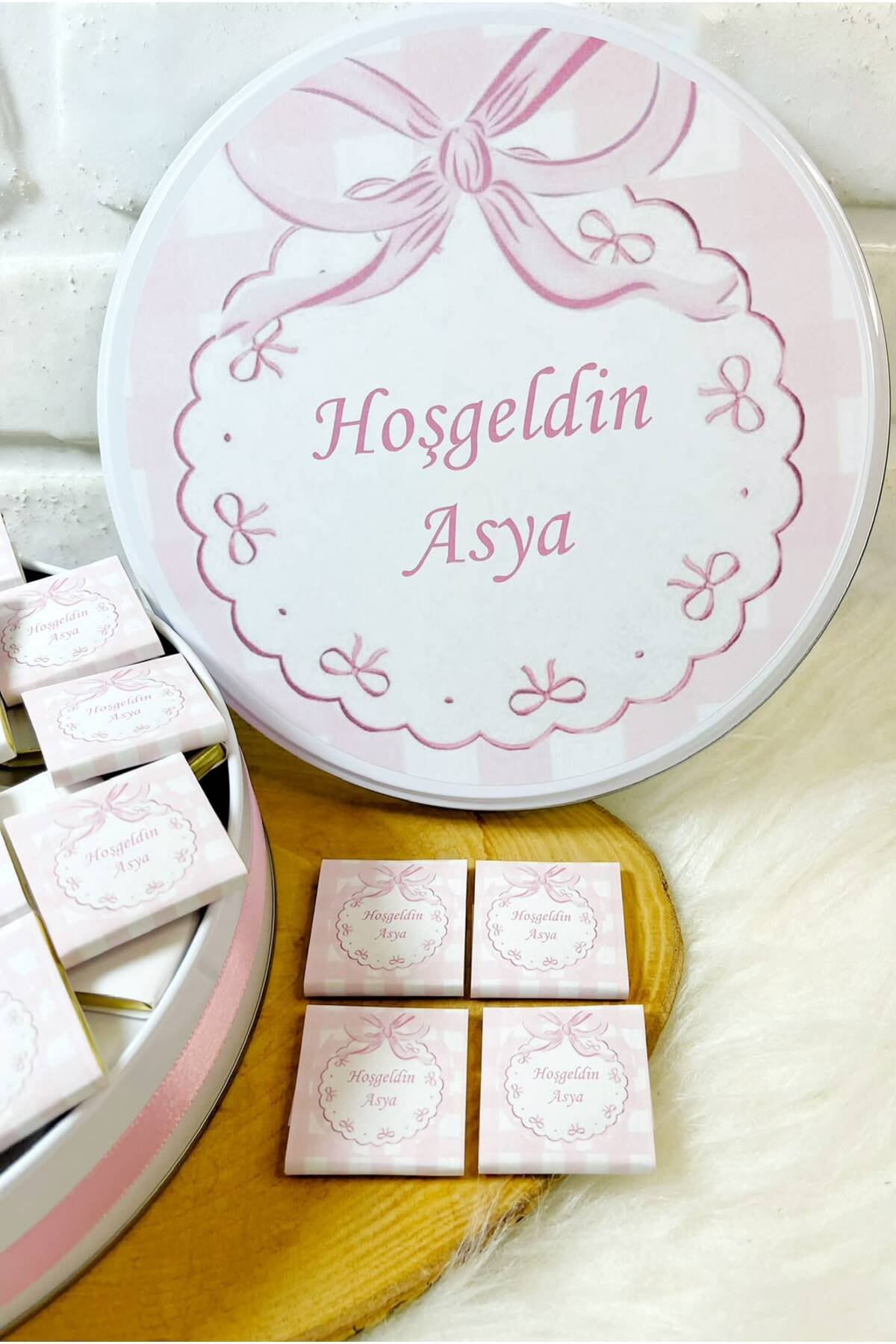 80 Adet Pembe Kurdeleli Model 2 İsme Özel Hoşgeldin Kız Bebek Hediyelik Çikolata - Görsel 3