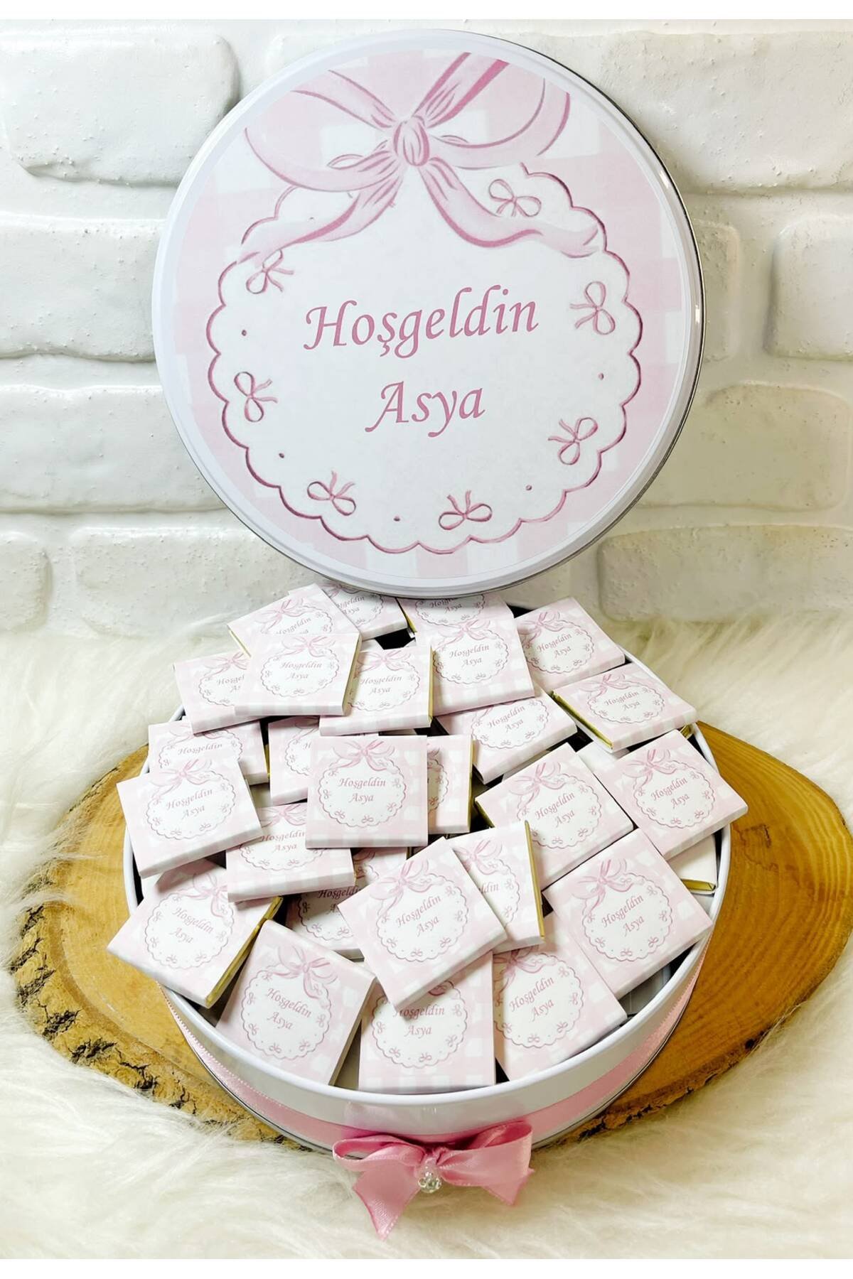 100 Adet Pembe Kurdeleli Model 2 İsme Özel Hoşgeldin Kız Bebek Hediyelik Çikolata - Görsel 4