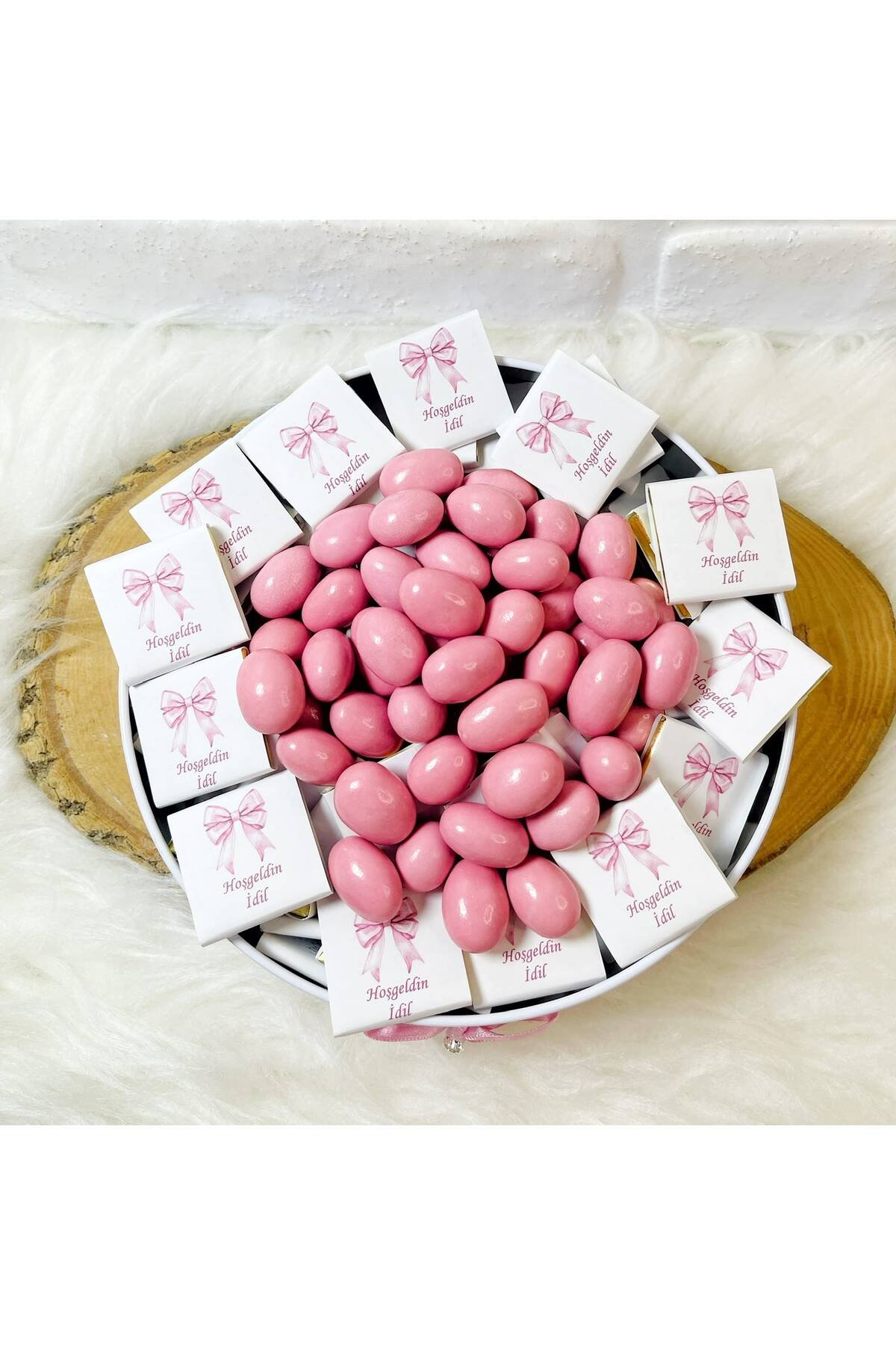 80 Adet+200 Gr Drajeli Pembe Kurdeleli Model 1 İsme Özel Hoşgeldin Kız Bebek Hediyelik Çikolata - Görsel 6