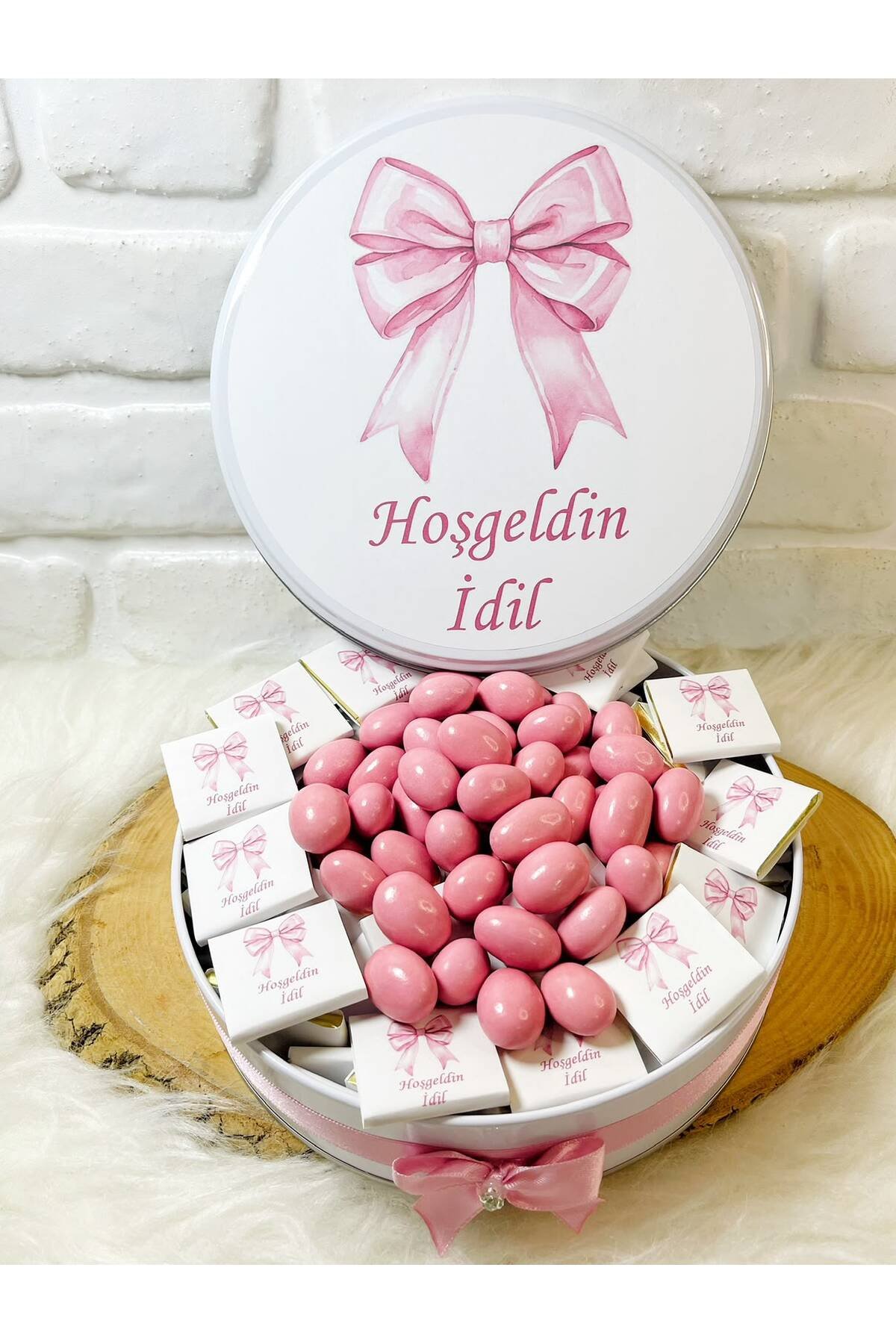 100 Adet+200 Gr Drajeli Pembe Kurdeleli Model 1 İsme Özel Hoşgeldin Kız Bebek Hediyelik Çikolata - Görsel 4
