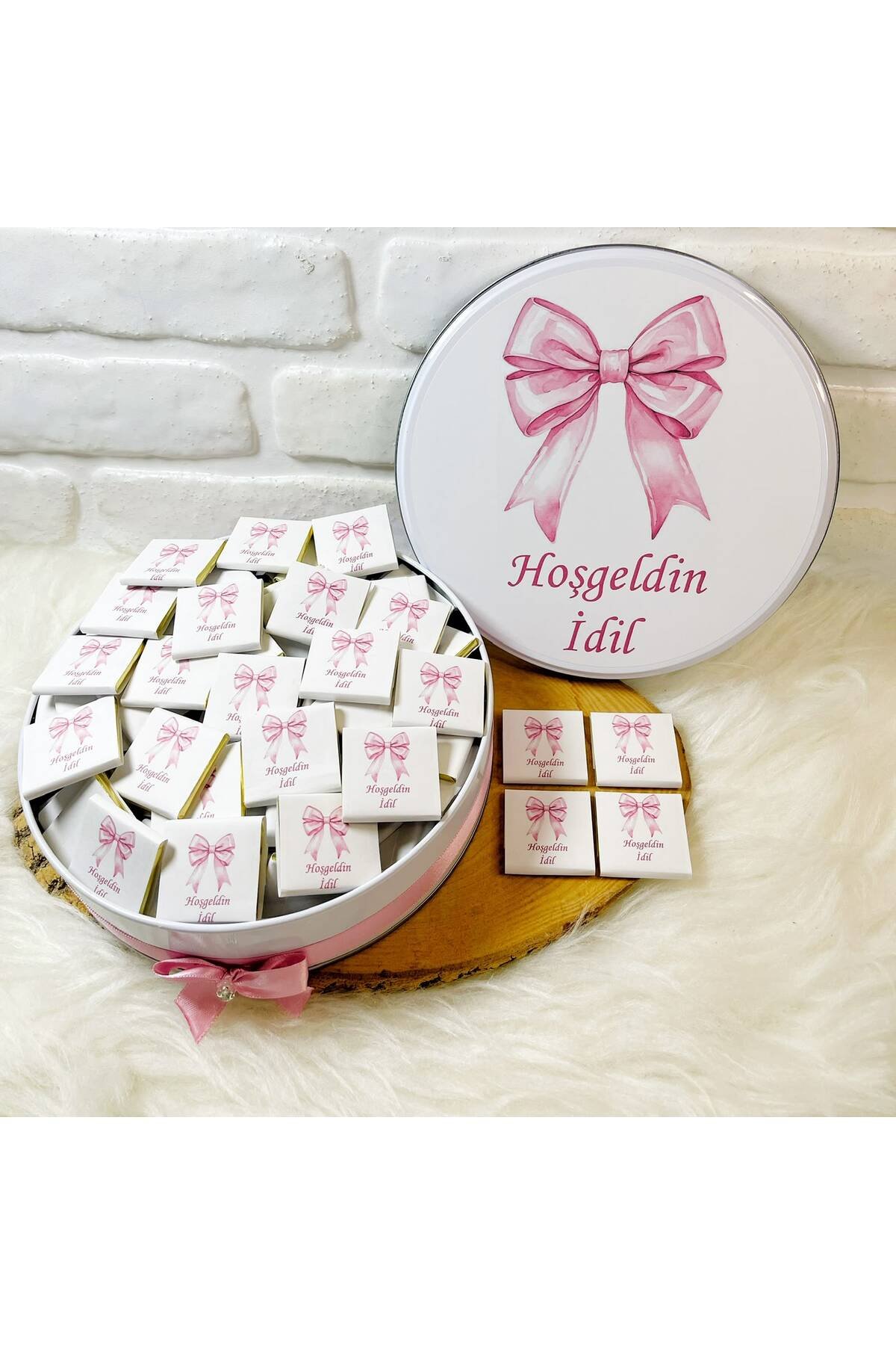 80 Adet Pembe Kurdeleli Model 1 İsme Özel Hoşgeldin Kız Bebek Hediyelik Çikolata - Görsel 2