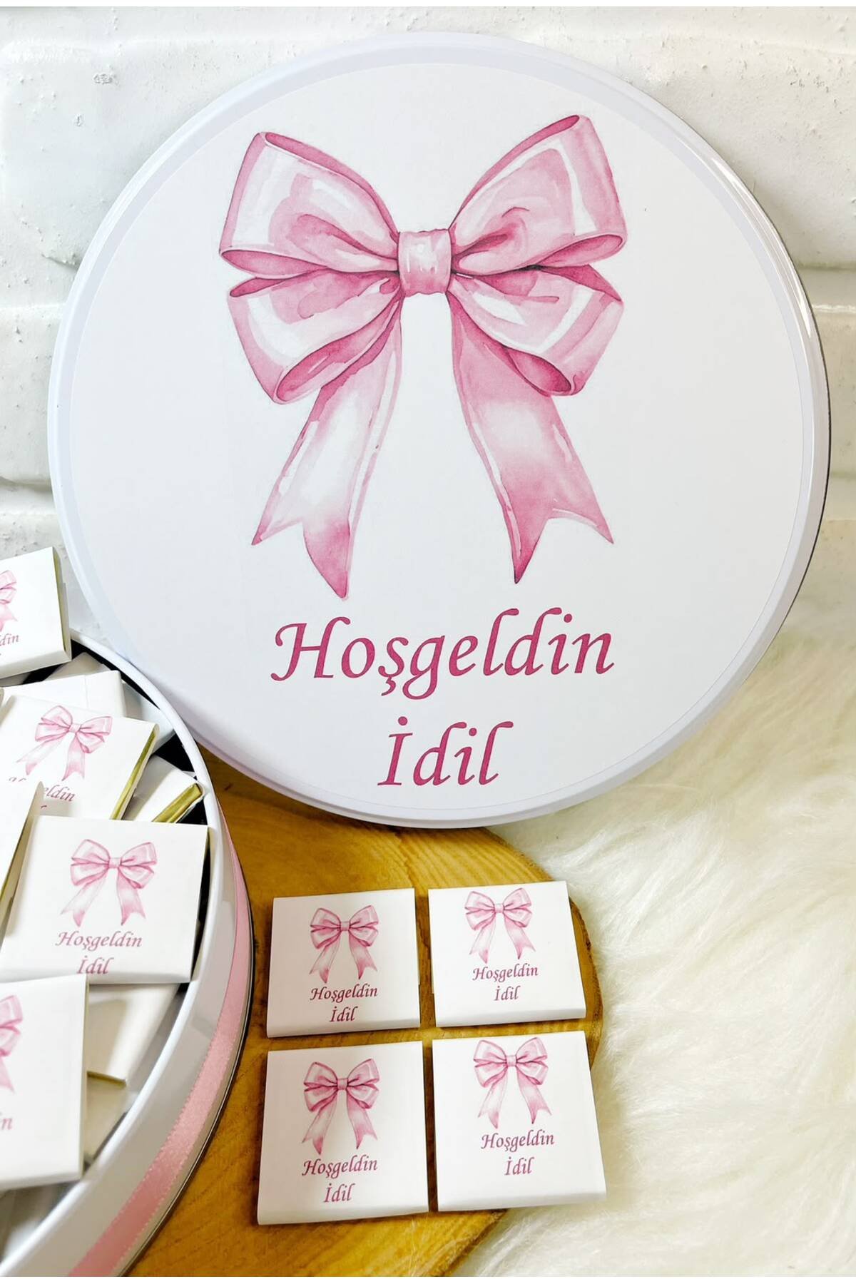 80 Adet Pembe Kurdeleli Model 1 İsme Özel Hoşgeldin Kız Bebek Hediyelik Çikolata - Görsel 3