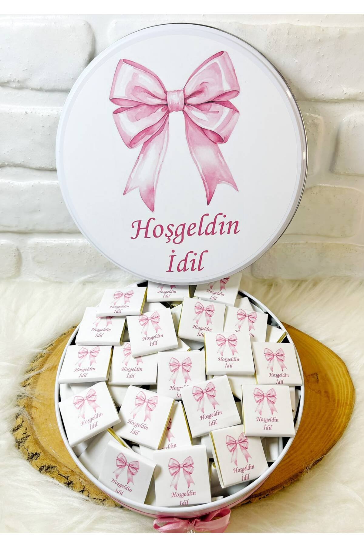 100 Adet Pembe Kurdeleli Model 1 İsme Özel Hoşgeldin Kız Bebek Hediyelik Çikolata - Görsel 4