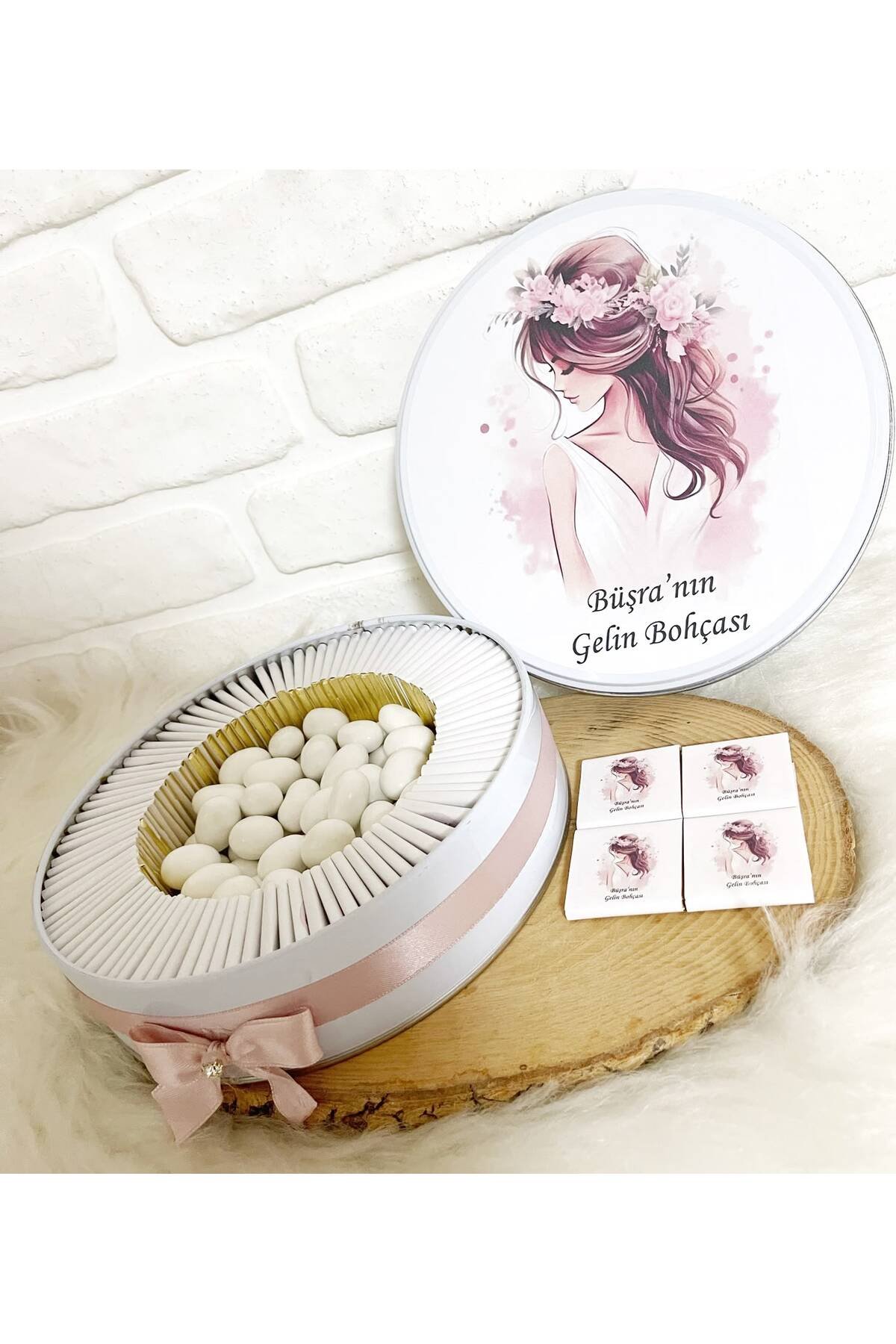 200 Adet+200 Gr Drajeli Taçlı Gelin Temalı İsme Özel Gelin Bohçası Hediyelik Çikolata - Görsel 2