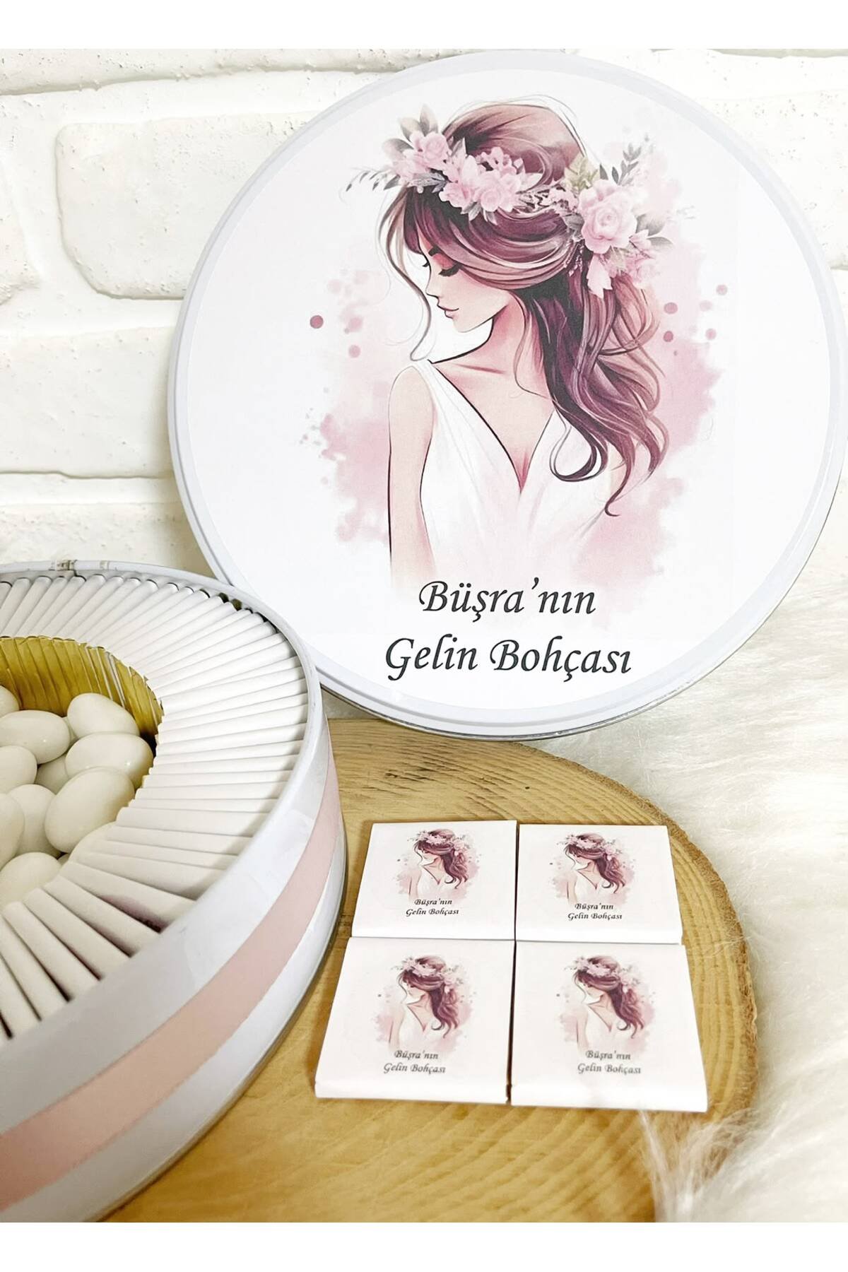 200 Adet+200 Gr Drajeli Taçlı Gelin Temalı İsme Özel Gelin Bohçası Hediyelik Çikolata - Görsel 3