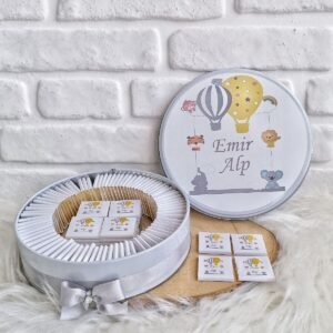 100 Adet Sarı-Gri Safari Temalı İsme Özel Hoşgeldin Erkek Bebek Hediyelik Çikolata