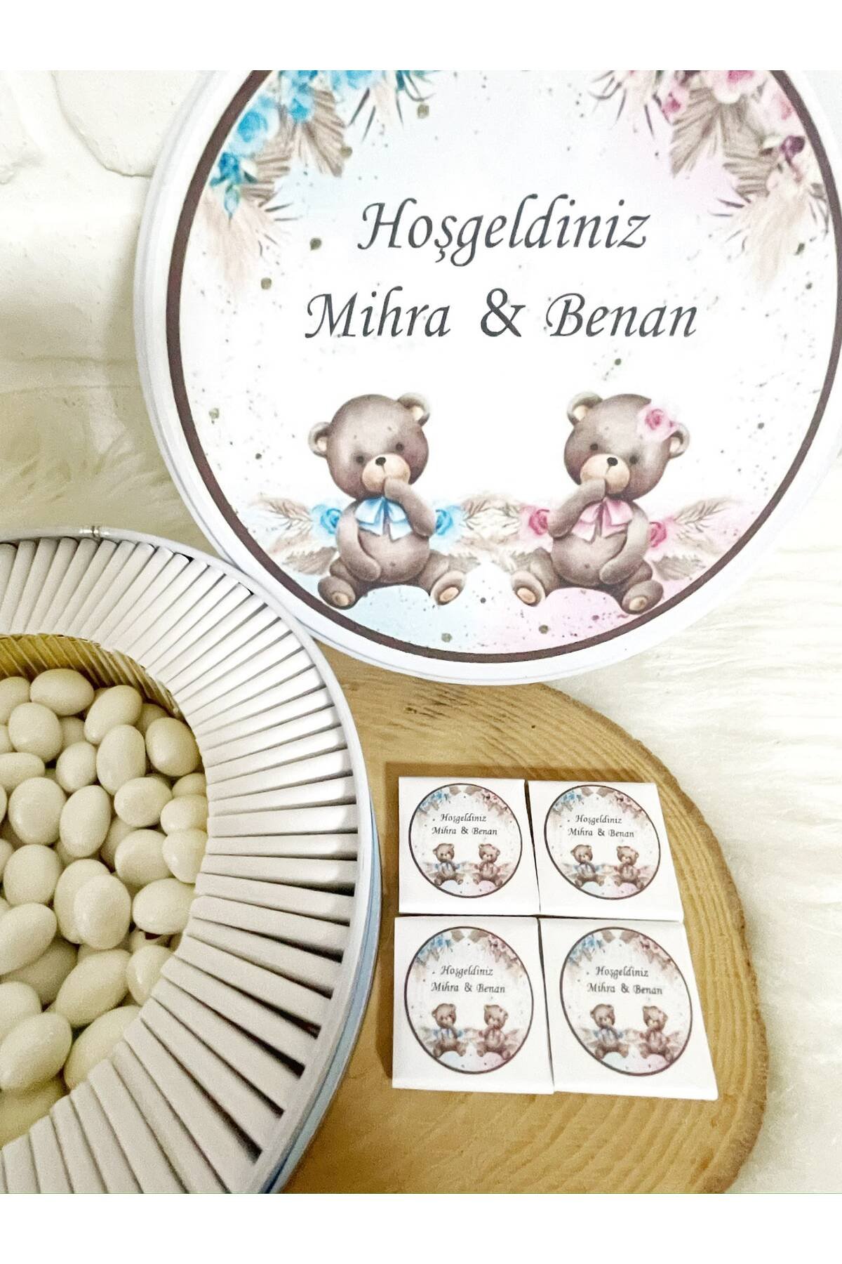 80 Adet+200 Gr Drajeli Ayıcıklı İkiz Bebekler Temalı İsme Özel Hoşgeldin İkiz Bebek Hediyelik Çikolata - Görsel 3
