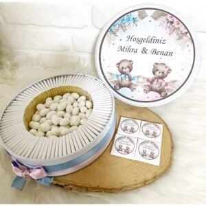 150 Adet+200 Gr Drajeli Ayıcıklı İkiz Bebekler Temalı İsme Özel Hoşgeldin İkiz Bebek Hediyelik Çikolata