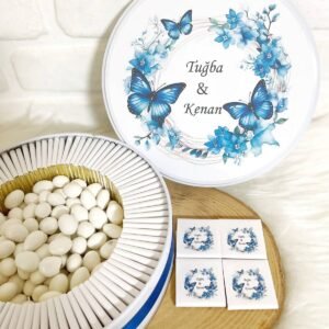 50 Adet+200 Gr Drajeli Mavi Kelebekli İsme Özel Düğün-Nişan-Nikah-Söz Hatırası-Gelin Bohçası Hediyelik Çikolata