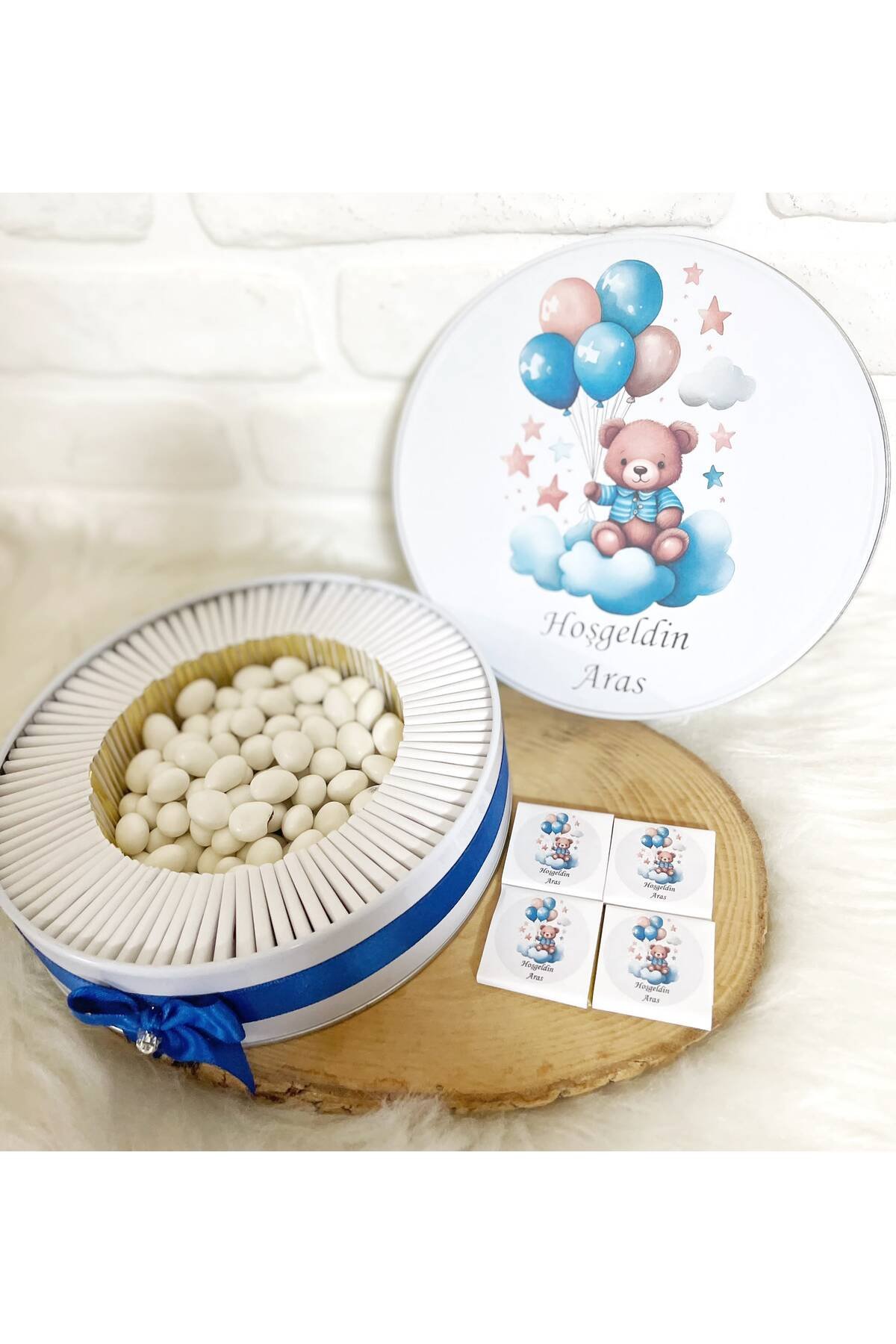 50 Adet+200 Gr Drajeli Bulutta Balonlu Ayıcık İsme Özel Hoşgeldin Erkek Bebek Hediyelik Çikolata