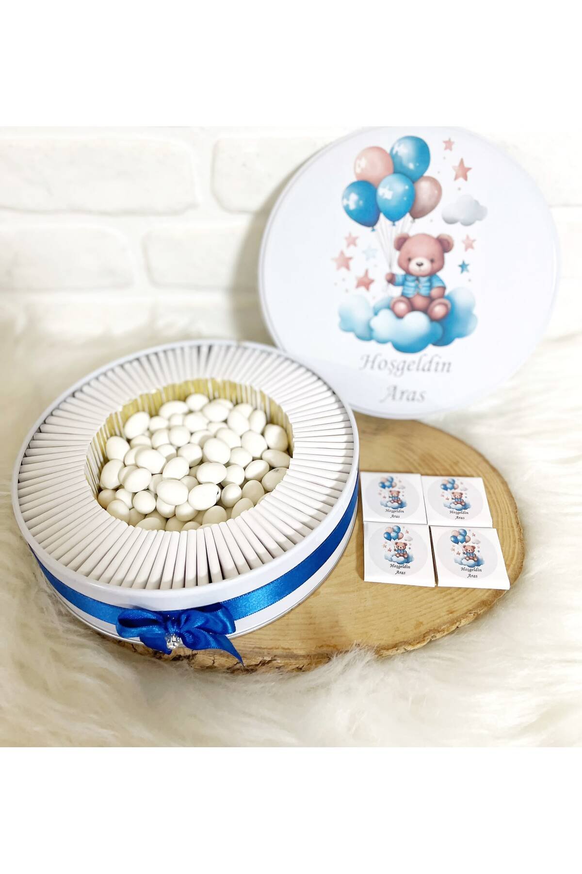 50 Adet+200 Gr Drajeli Bulutta Balonlu Ayıcık İsme Özel Hoşgeldin Erkek Bebek Hediyelik Çikolata - Görsel 2