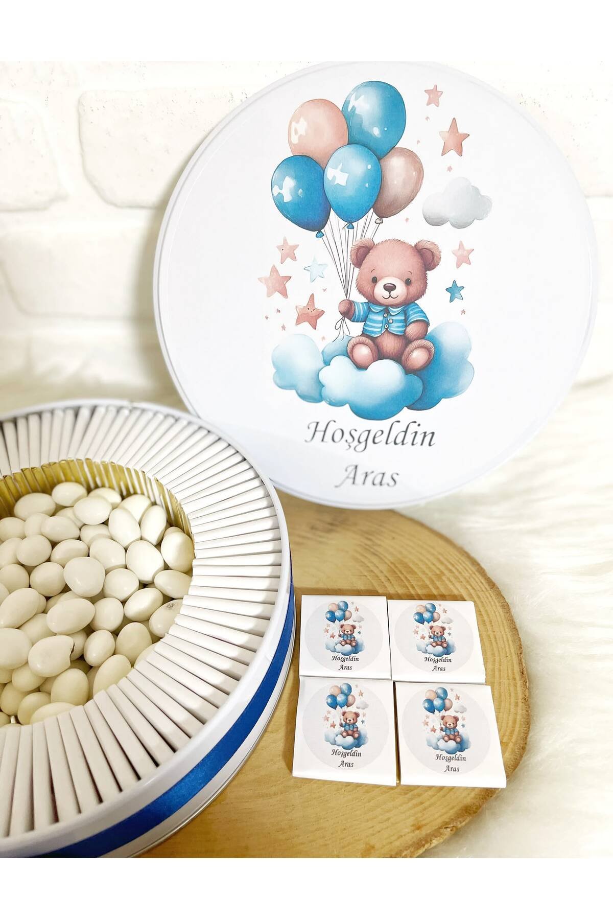 50 Adet+200 Gr Drajeli Bulutta Balonlu Ayıcık İsme Özel Hoşgeldin Erkek Bebek Hediyelik Çikolata - Görsel 3