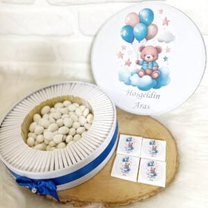 150 Adet+200 Gr Drajeli Bulutta Balonlu Ayıcık İsme Özel Hoşgeldin Erkek Bebek Hediyelik Çikolata