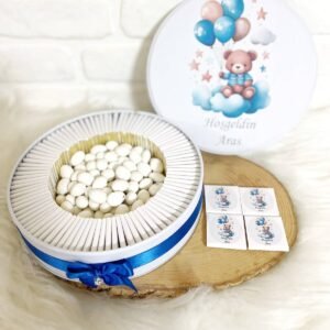 150 Adet+200 Gr Drajeli Bulutta Balonlu Ayıcık İsme Özel Hoşgeldin Erkek Bebek Hediyelik Çikolata