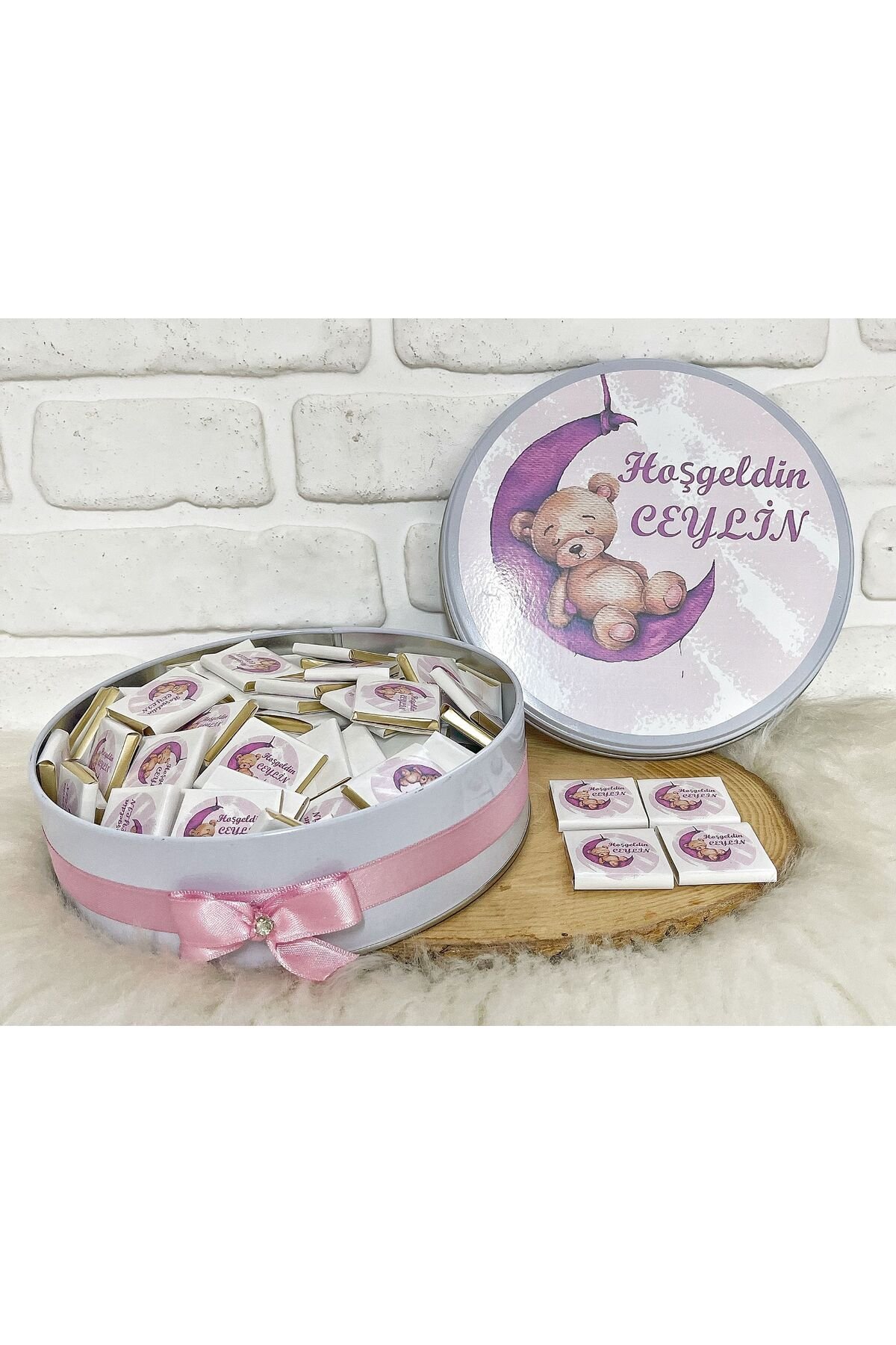 100 Adet Ayda Uyuyan Pembe Ayıcık Temalı İsme Hoşgeldin Kız Bebek Hediyelik Çikolata - Görsel 2