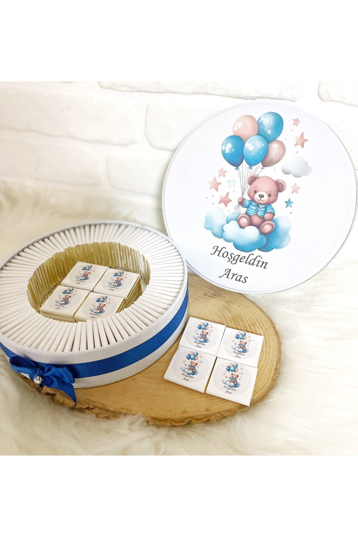 150 Adet Bulutta Balonlu Ayıcık İsme Özel Hoşgeldin Erkek Bebek Hediyelik Çikolata - Görsel 2