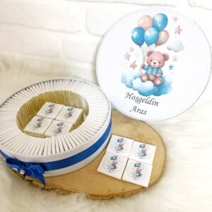100 Adet Bulutta Balonlu Ayıcık İsme Özel Hoşgeldin Erkek Bebek Hediyelik Çikolata