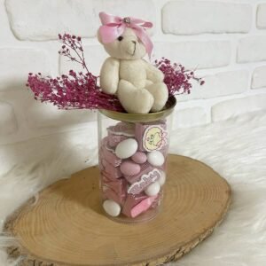 Ayıcıklı Çiçekli 15 Adet Dekorlu Bebek Çikolatası+ 200 Gr Drajeli PVC Kutuda Kız Bebek Hediyelik Kalın Madlen Çikolata