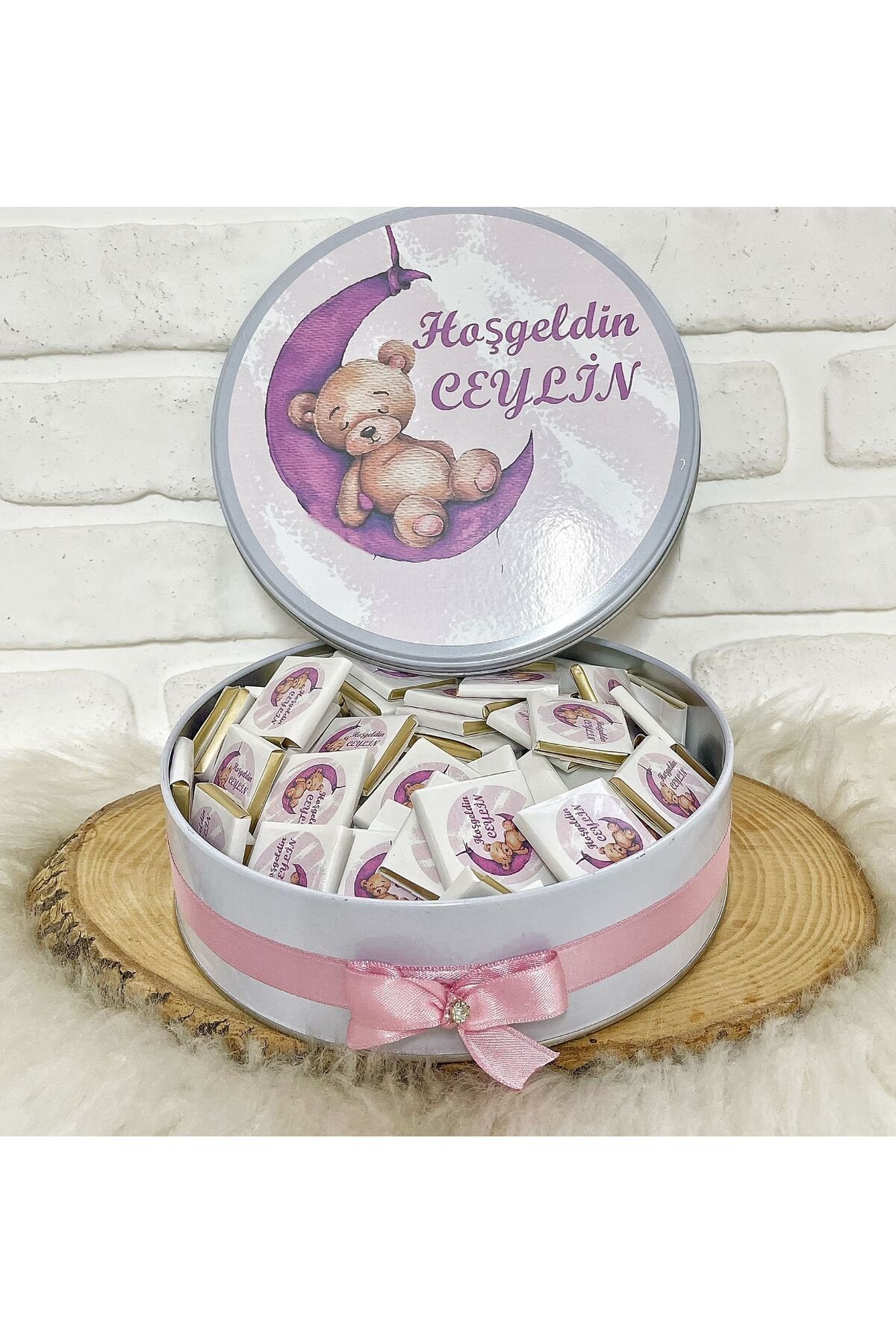 100 Adet Ayda Uyuyan Pembe Ayıcık Temalı İsme Hoşgeldin Kız Bebek Hediyelik Çikolata - Görsel 3